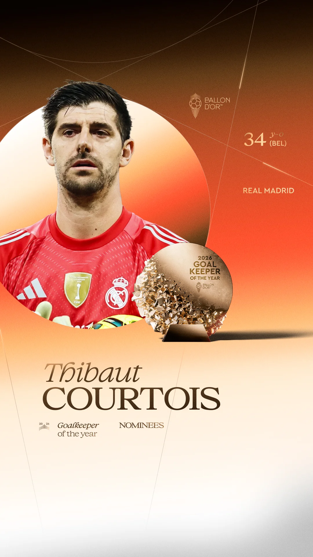 Thibaut Courtois, Real Madrid goalkeeper, Men's Goalkeeper of the Year 2026 nominee