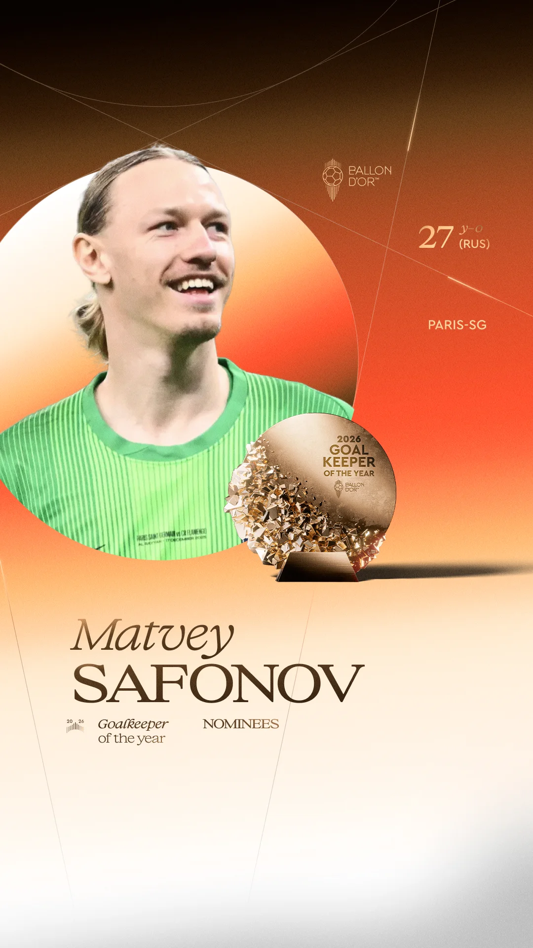 Matvey Safonov, Paris-SG goalkeeper, Men's Goalkeeper of the Year 2026 nominee