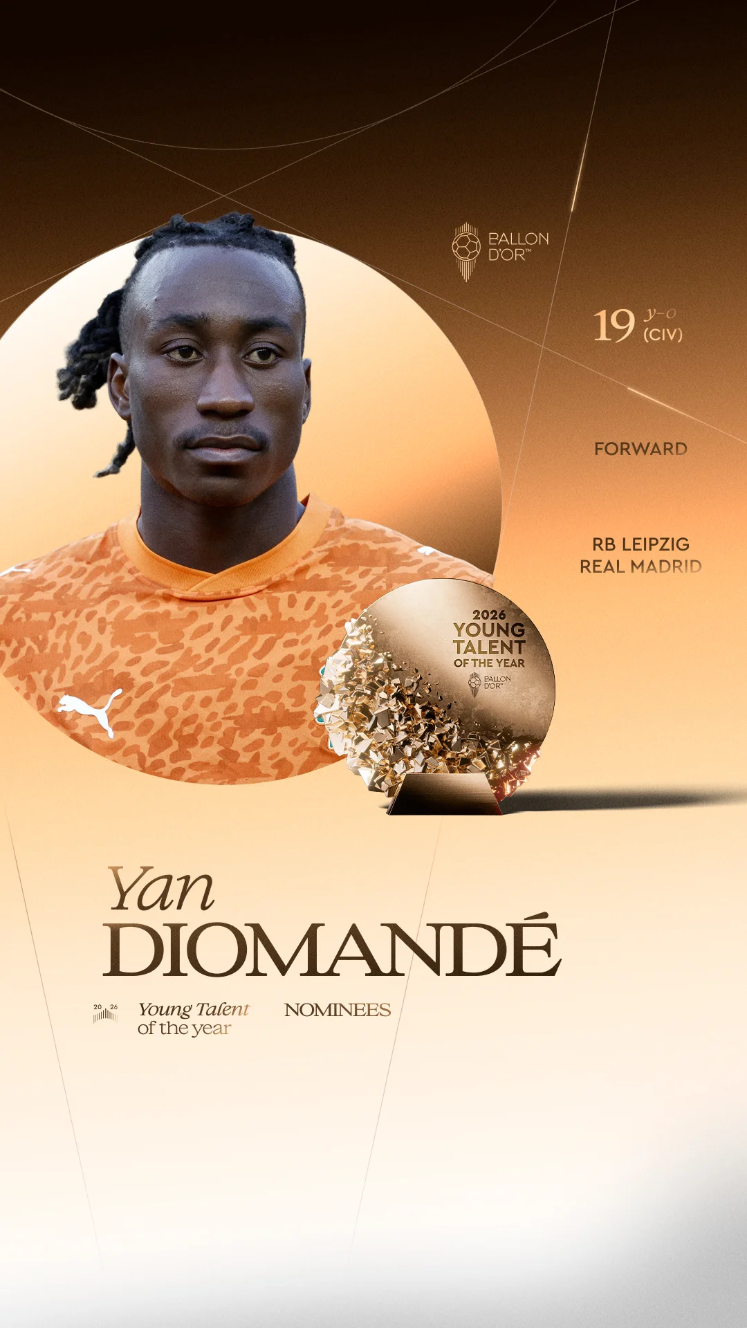 Yan Diomandé, RB Leipzig/Real Madrid forward, Men's Young Talent of the Year 2026 nominee