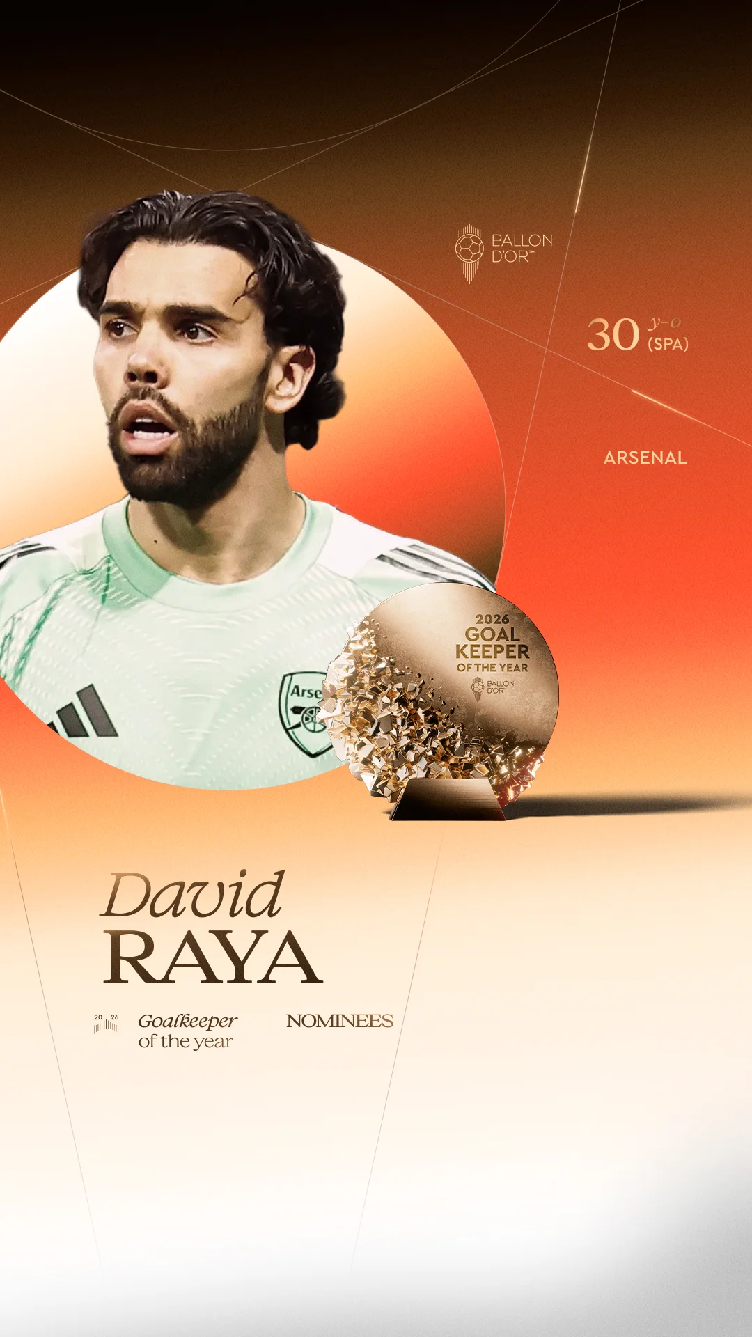 David Raya, Arsenal goalkeeper, Men's Goalkeeper of the Year 2026 nominee