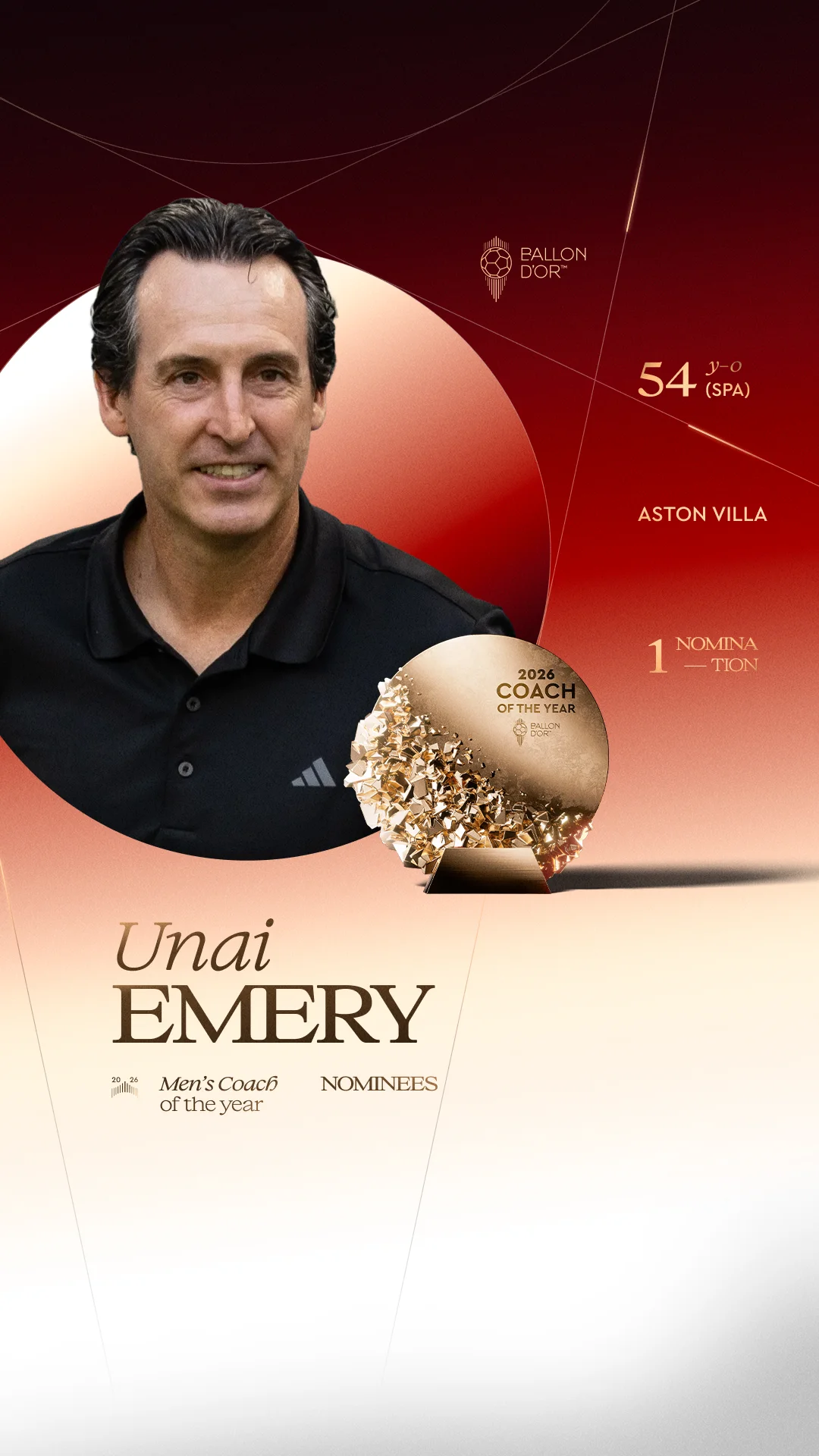 Unai Emery, Aston Villa coach, Men's Coach of the Year 2026 nominee