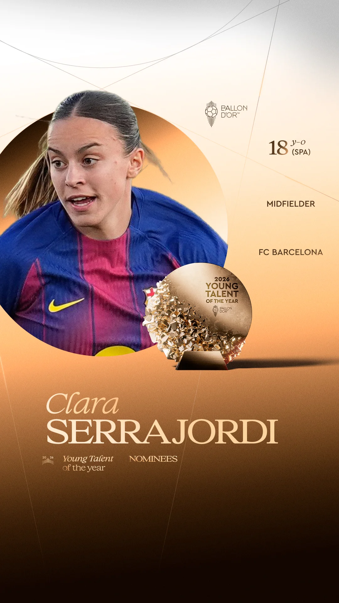 Clara Serrajordi, FC Barcelona midfielder, Women's Young Talent of the Year 2026 nominee