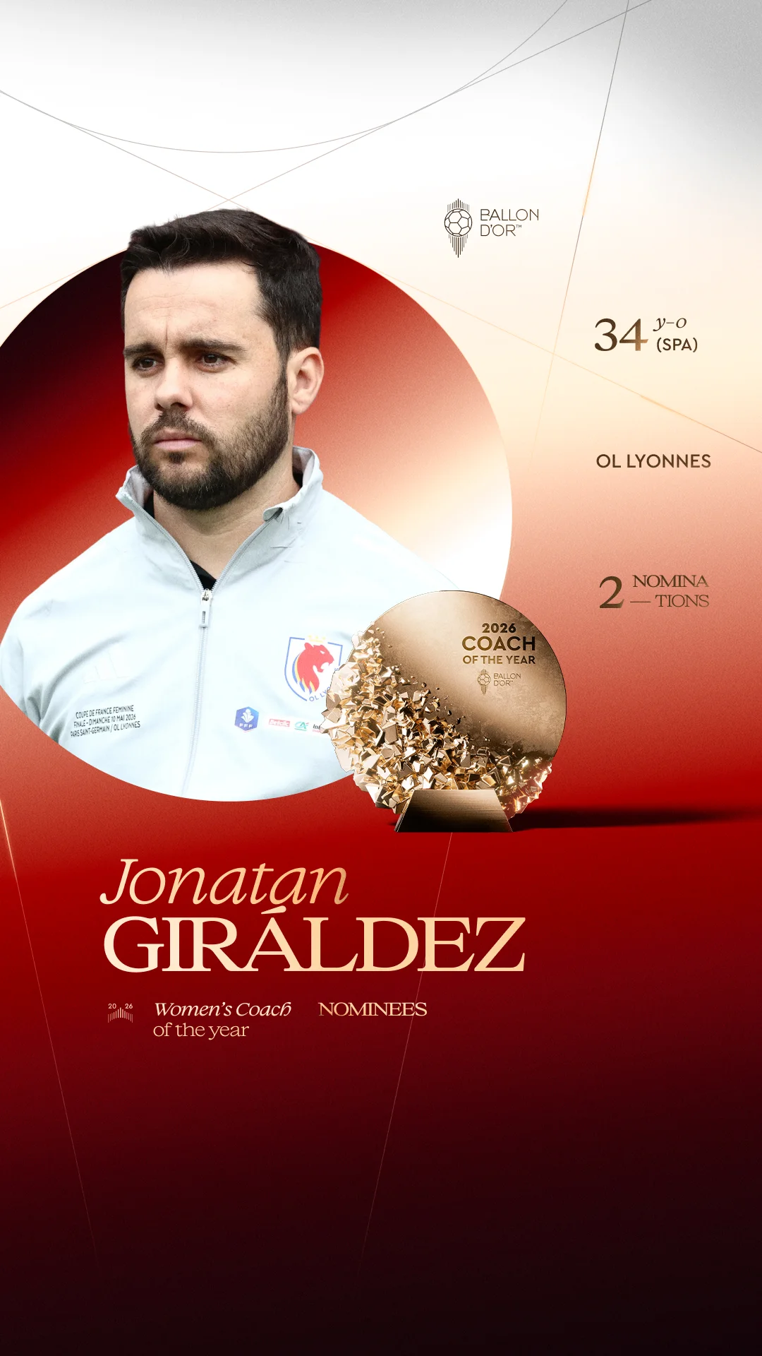 Jonatan Giráldez, OL Lyonnes coach, Women's Coach of the Year 2026 nominee