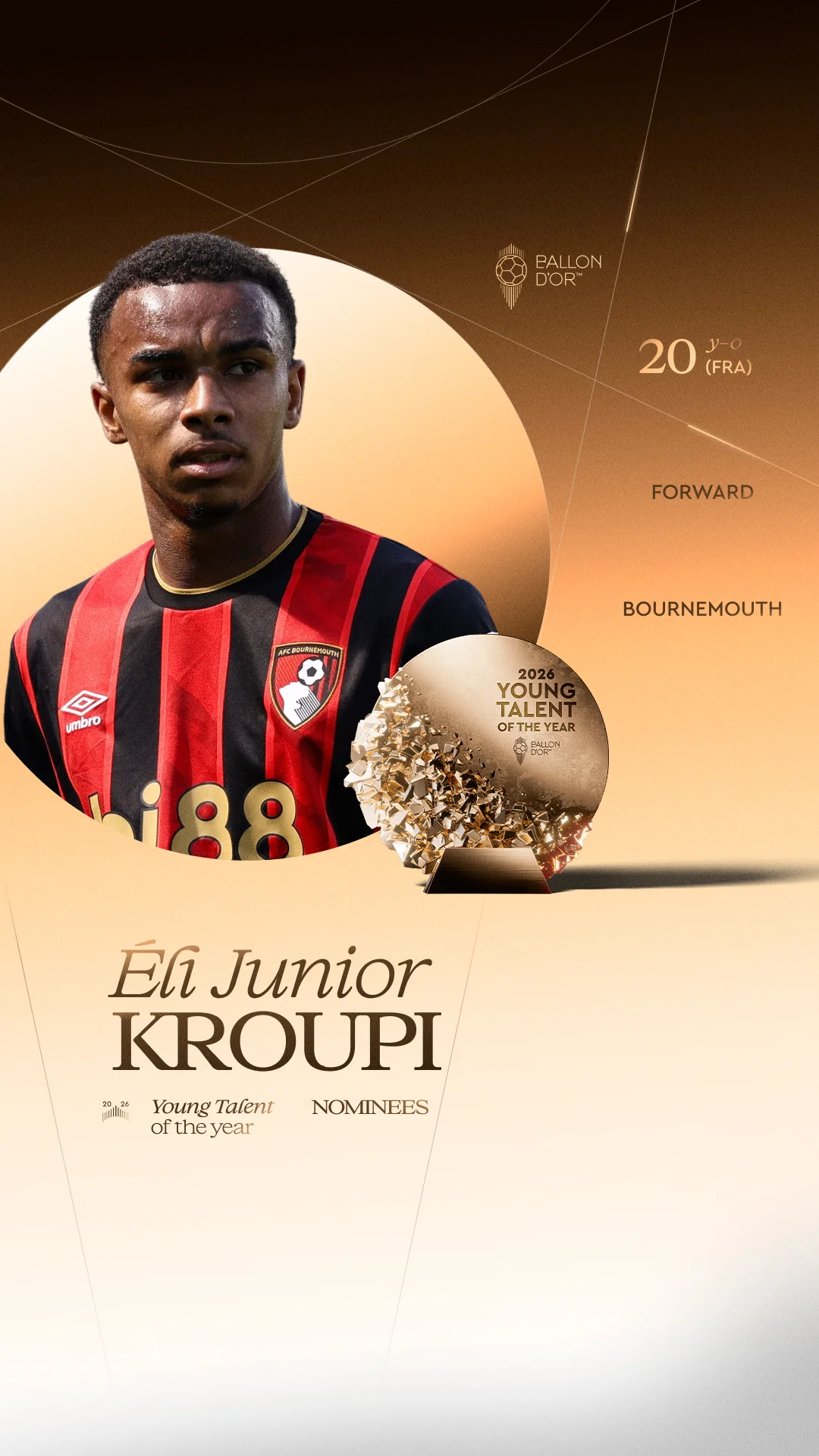 Éli Junior Kroupi, Bournemouth forward, Men's Young Talent of the Year 2026 nominee