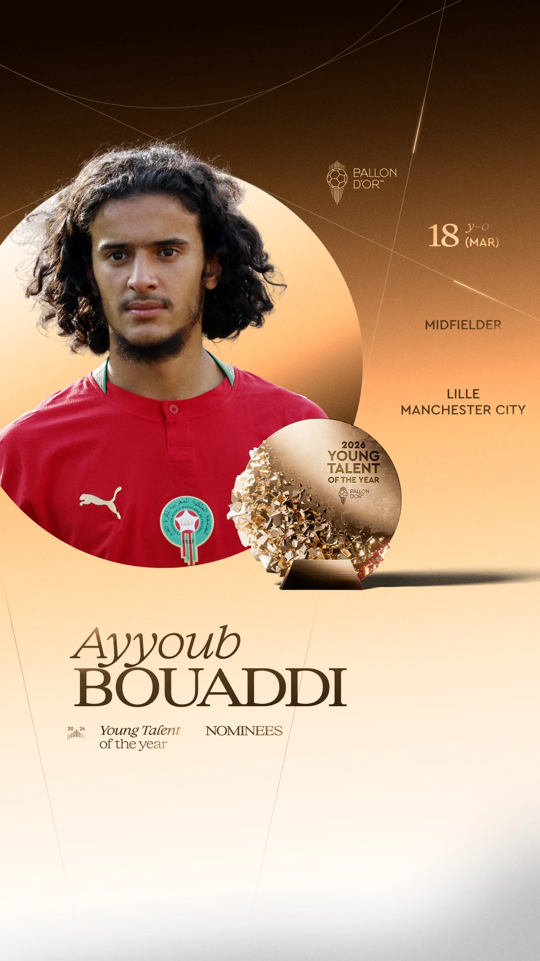 Ayyoub Bouaddi, Lille/Manchester City midfielder, Men's Young Talent of the Year 2026 nominee