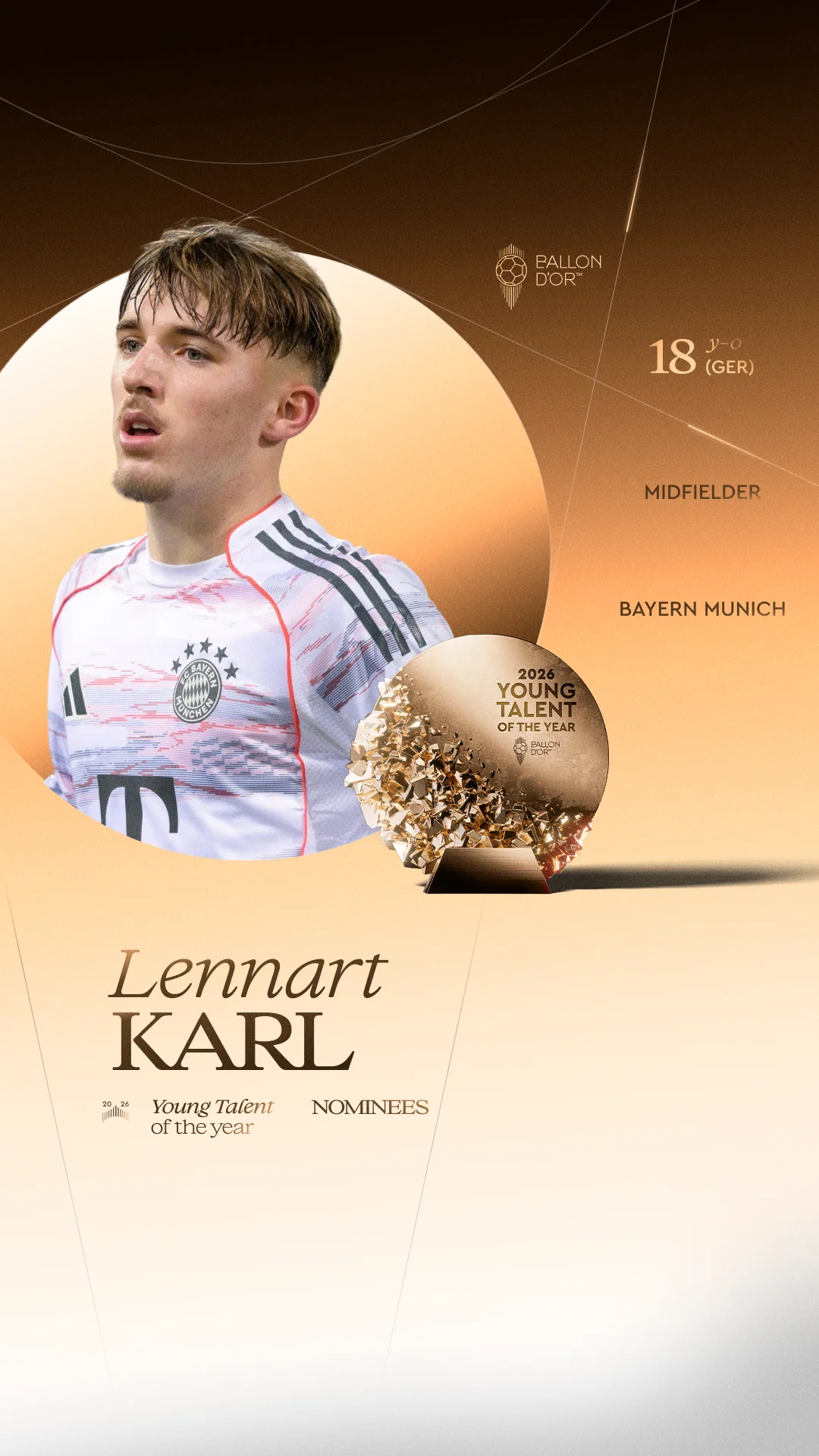 Lennart Karl, Bayern Munich midfielder, Men's Young Talent of the Year 2026 nominee