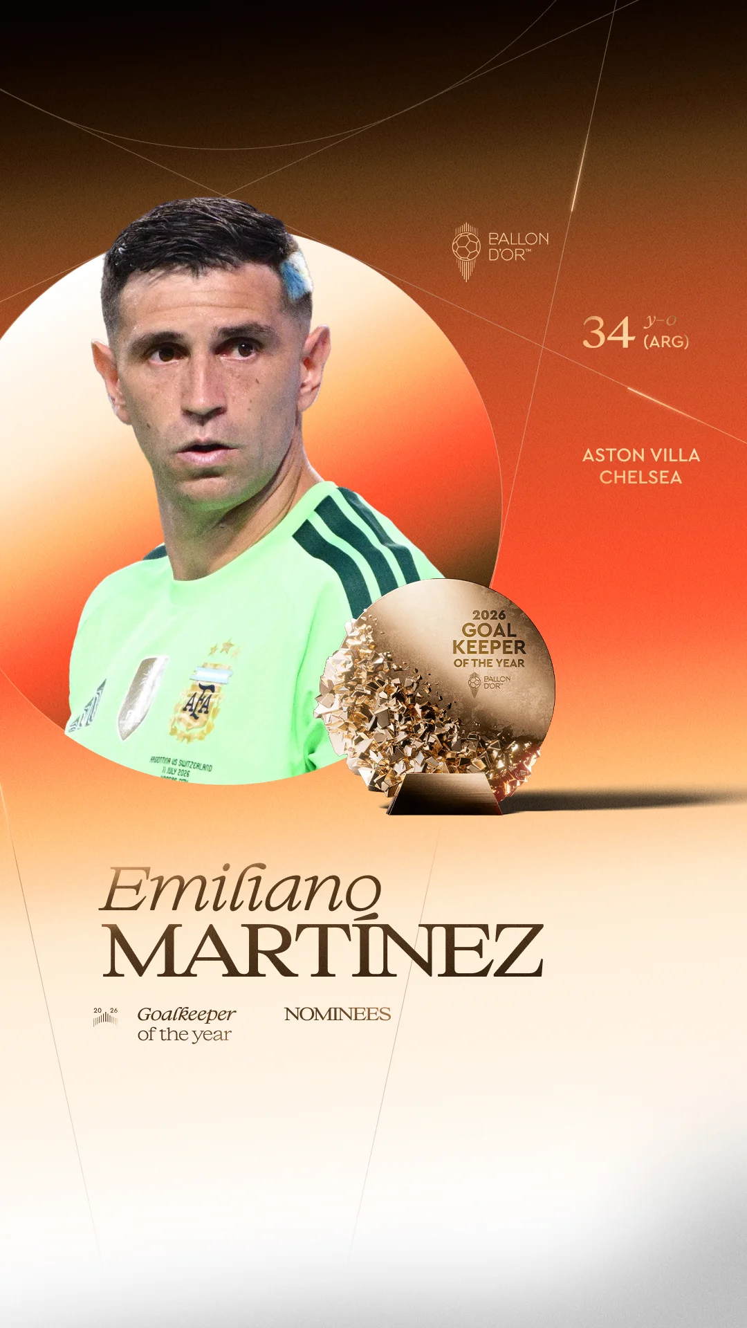 Emiliano Martínez, Aston Villa/Chelsea goalkeeper, Men's Goalkeeper of the Year 2026 nominee