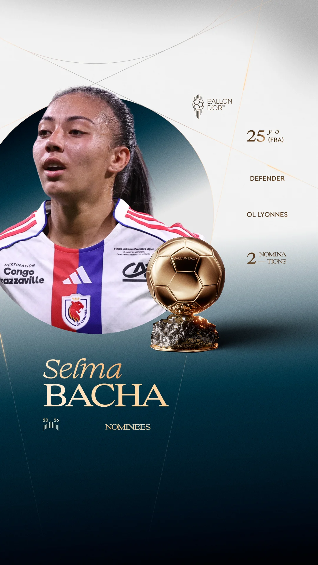 Selma Bacha, défenseure (OL Lyonnes), nommée – Ballon d'Or Féminin 2026