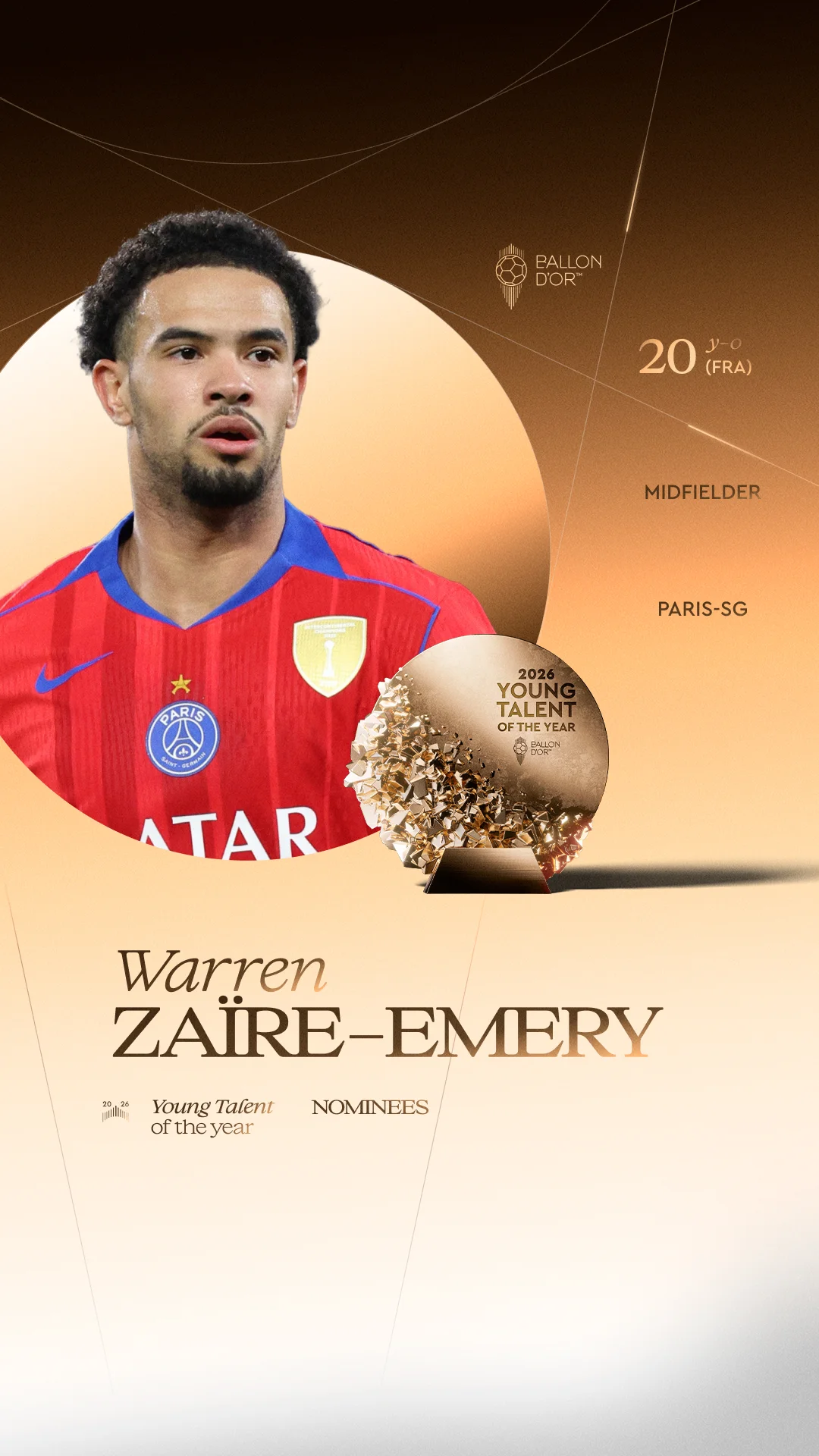 Warren Zaïre-Emery, Paris-SG midfielder, Men's Young Talent of the Year 2026 nominee