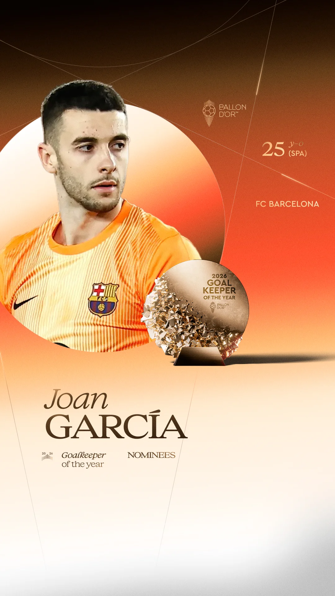 Joan García, FC Barcelona goalkeeper, Men's Goalkeeper of the Year 2026 nominee