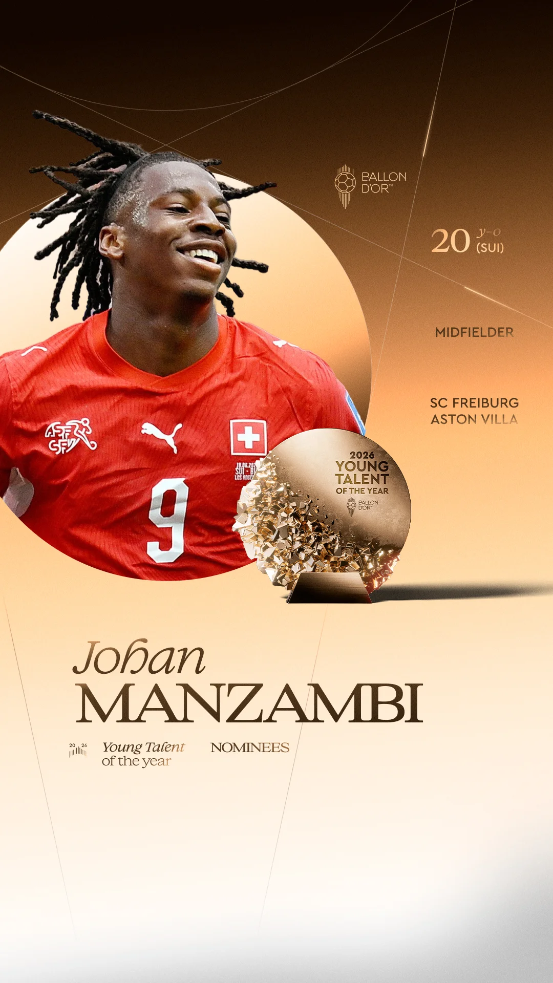Johan Manzambi, Freiburg/Aston Villa midfielder, Men's Young Talent of the Year 2026 nominee