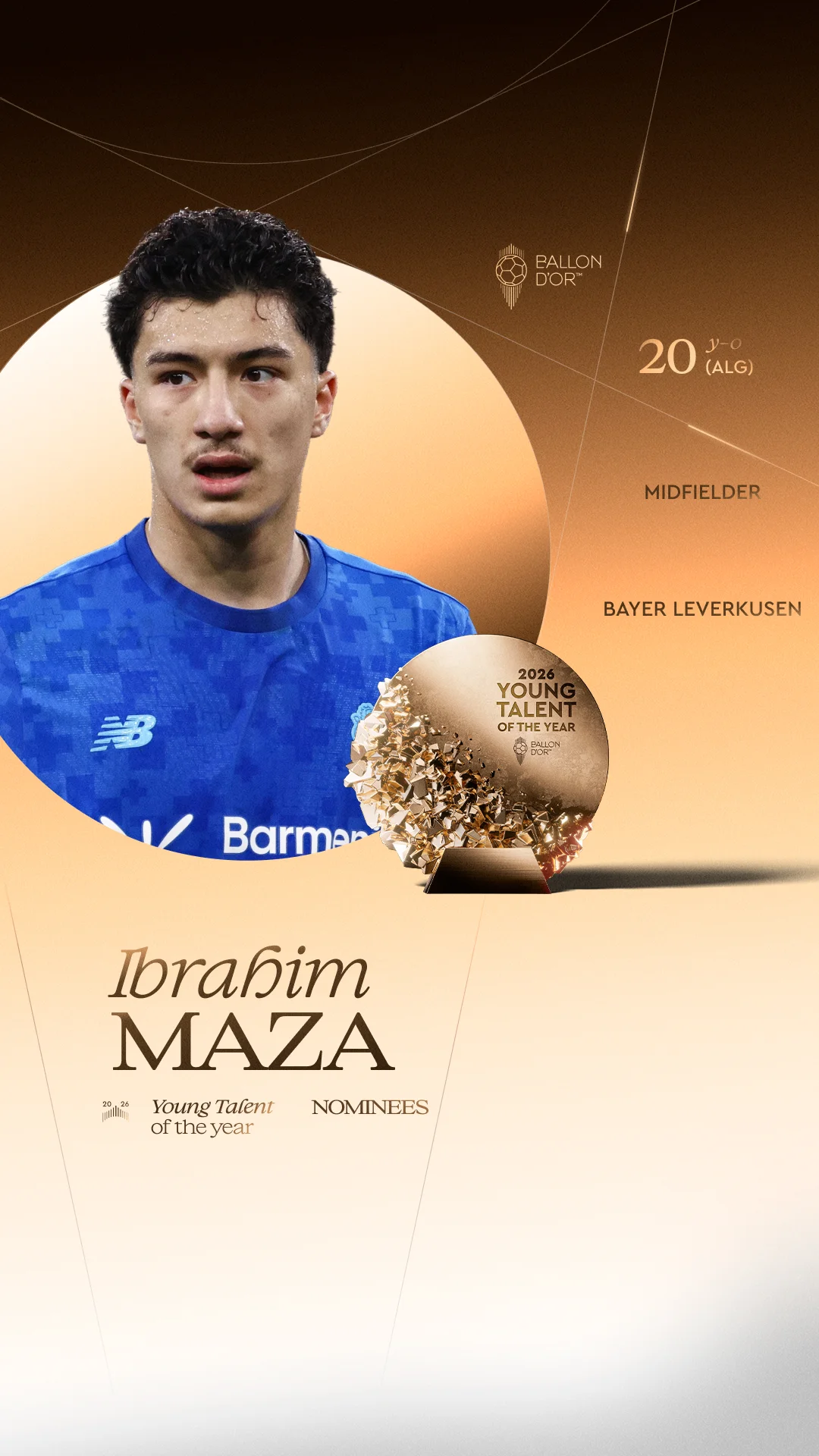 Ibrahim Maza, Bayer Leverkusen midfielder, Men's Young Talent of the Year 2026 nominee